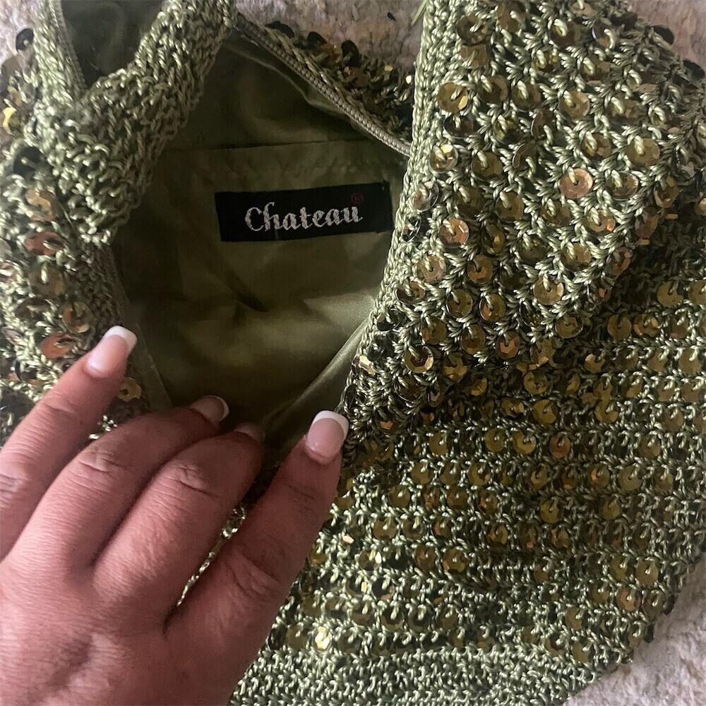 Chateau Hobo Shoulder Bag Womens Olive Green Crochet Knit Sequin Boho
